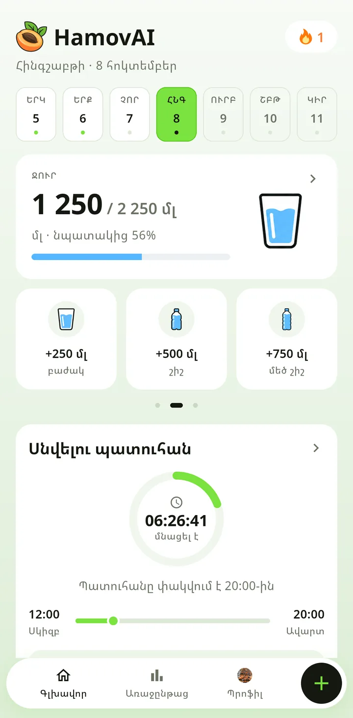 Գլխավոր էջի «Ջուր» բաժինը. 1 250 մլ՝ 2 250-ից